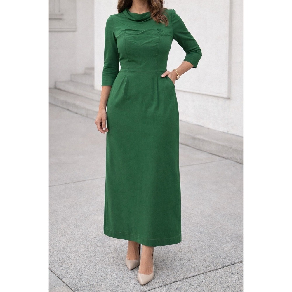 Kelly Green Dress Midi 3/4 Sleeve A Line Size S Cowl Retro St Patrick Day Easter